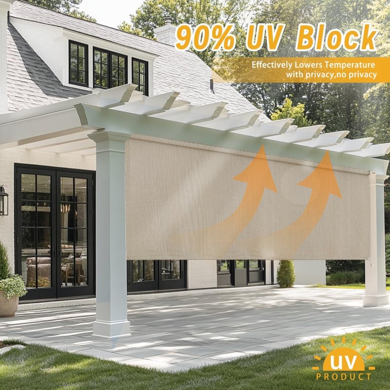 sunoff Outdoor Roller Shades，Cordless Patio Roller Up Blinds with Shade Cloth for Porch Gazebo Pergola Balcony Backyard，2 Poles & 1 Fabric，Sesame，96" Wx72 H - Image 3